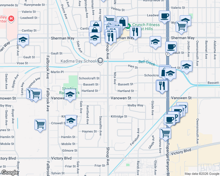 map of restaurants, bars, coffee shops, grocery stores, and more near 6840 Shoup Avenue in Los Angeles