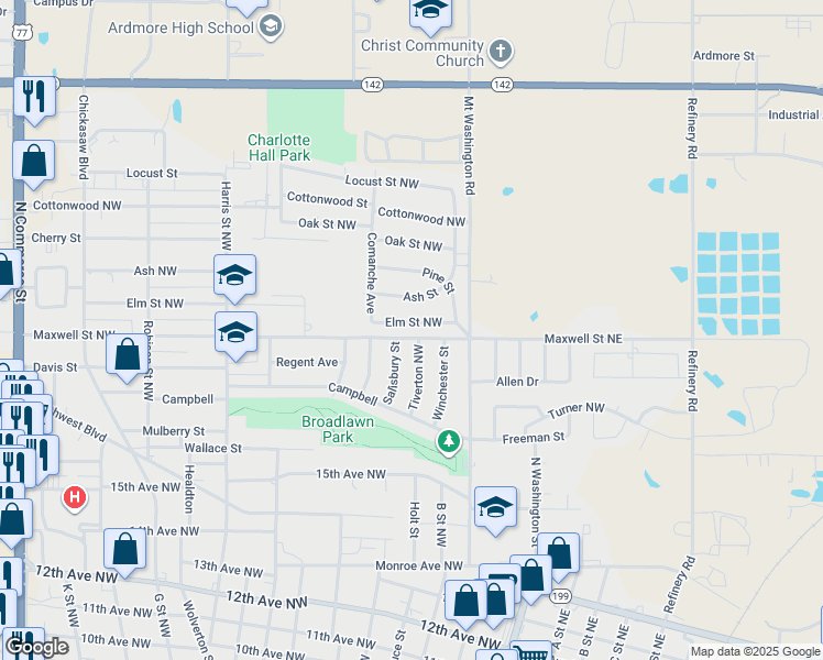 map of restaurants, bars, coffee shops, grocery stores, and more near 419 Elm Street Northwest in Ardmore
