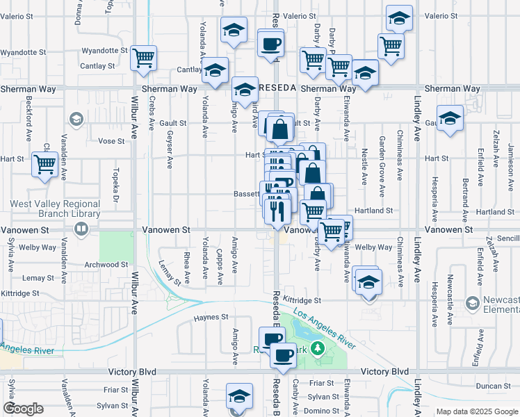 map of restaurants, bars, coffee shops, grocery stores, and more near 6857 Baird Avenue in Los Angeles