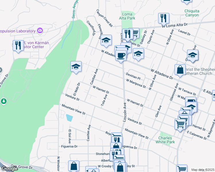 map of restaurants, bars, coffee shops, grocery stores, and more near 634 West Mendocino Street in Altadena
