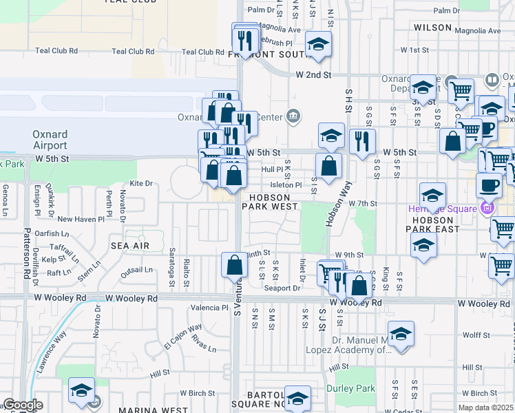 map of restaurants, bars, coffee shops, grocery stores, and more near 1321 Jamaica Lane in Oxnard