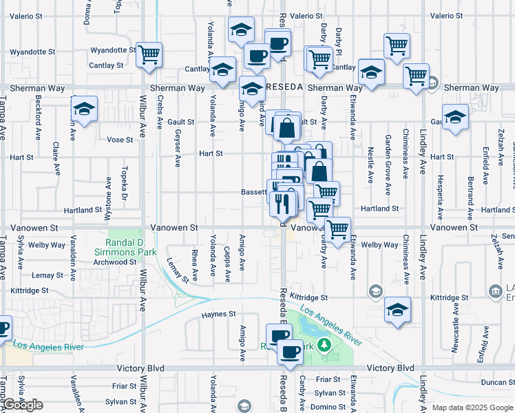 map of restaurants, bars, coffee shops, grocery stores, and more near 6857 Baird Avenue in Los Angeles