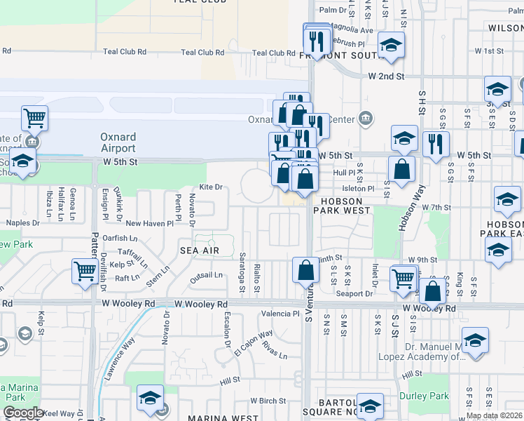 map of restaurants, bars, coffee shops, grocery stores, and more near 1600 West 5th Street in Oxnard