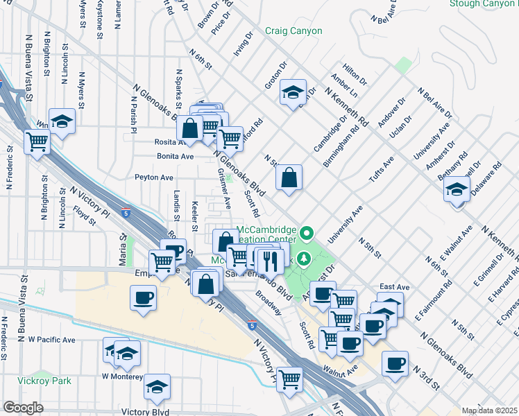 map of restaurants, bars, coffee shops, grocery stores, and more near 1811 North Glenoaks Boulevard in Burbank