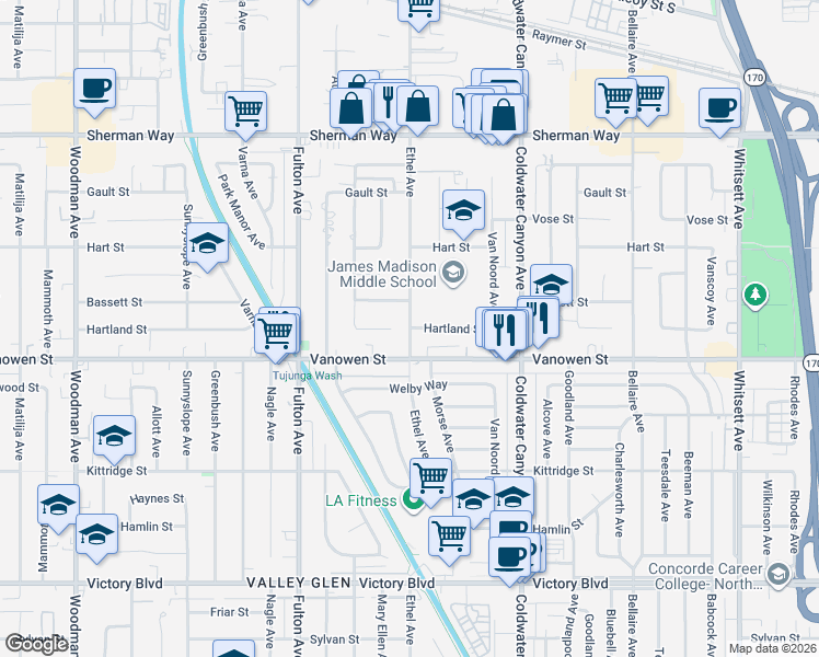 map of restaurants, bars, coffee shops, grocery stores, and more near 13127 Hartland Street in Los Angeles