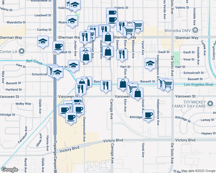 map of restaurants, bars, coffee shops, grocery stores, and more near 6909 Canoga Avenue in Los Angeles