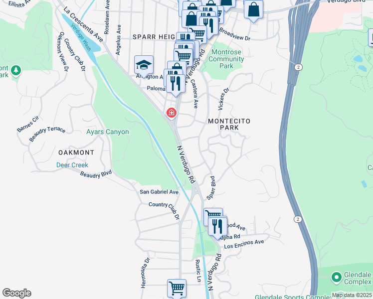 map of restaurants, bars, coffee shops, grocery stores, and more near 3132 North Verdugo Road in Glendale