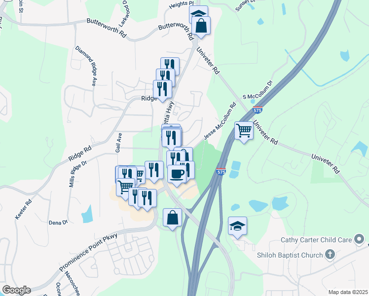 map of restaurants, bars, coffee shops, grocery stores, and more near 220 Cottonwood Creek Circle in Canton