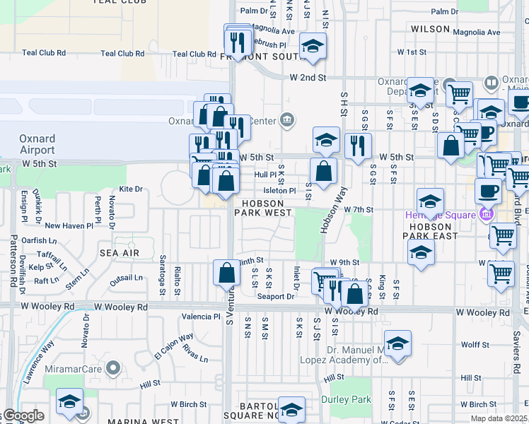 map of restaurants, bars, coffee shops, grocery stores, and more near 1245 Jamaica Lane in Oxnard