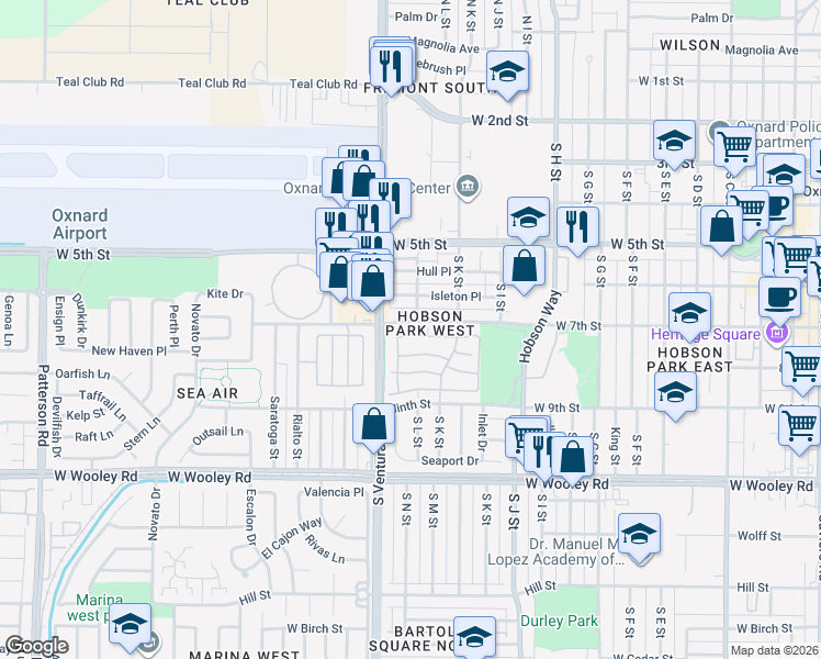 map of restaurants, bars, coffee shops, grocery stores, and more near 1321 Jamaica Lane in Oxnard