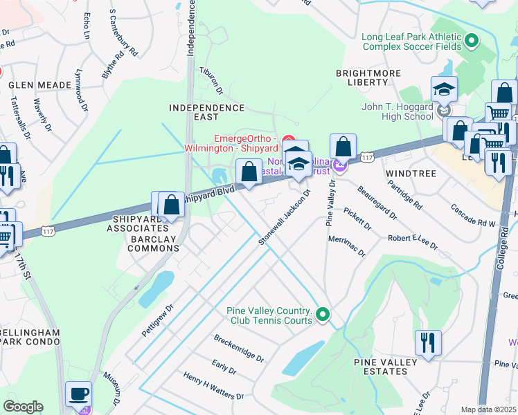 map of restaurants, bars, coffee shops, grocery stores, and more near 119 Longstreet Drive in Wilmington