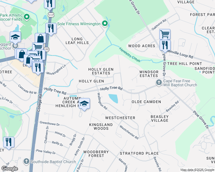 map of restaurants, bars, coffee shops, grocery stores, and more near 5017 Whitner Drive in Wilmington