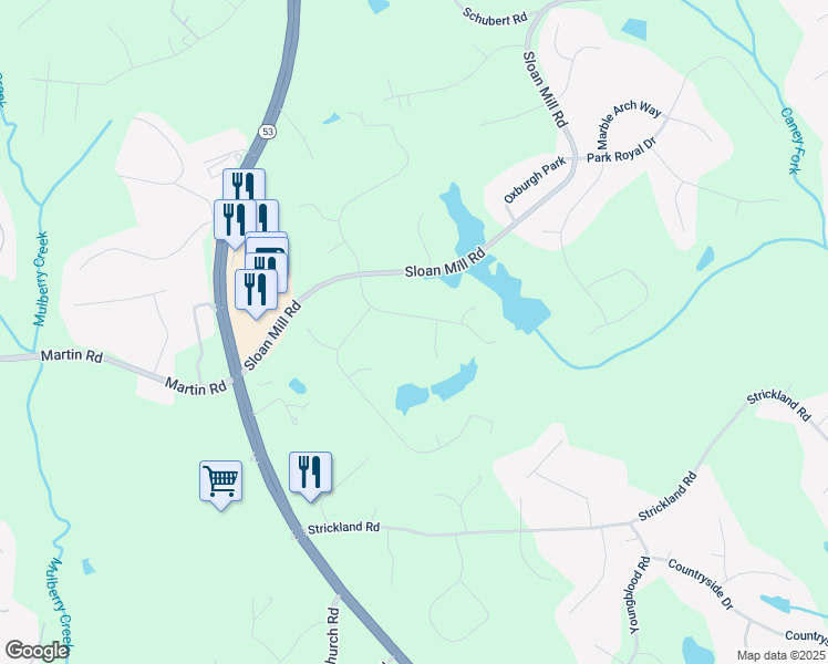 map of restaurants, bars, coffee shops, grocery stores, and more near 4627 Windsor Drive in Flowery Branch