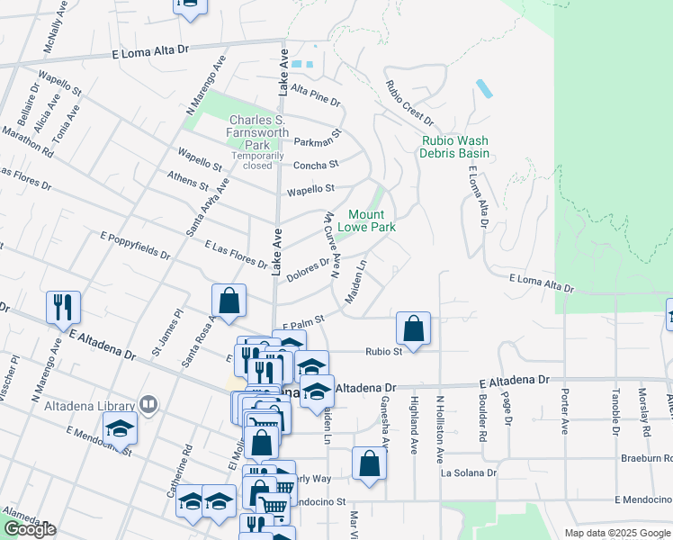 map of restaurants, bars, coffee shops, grocery stores, and more near 2899 Mount Curve Avenue in Altadena
