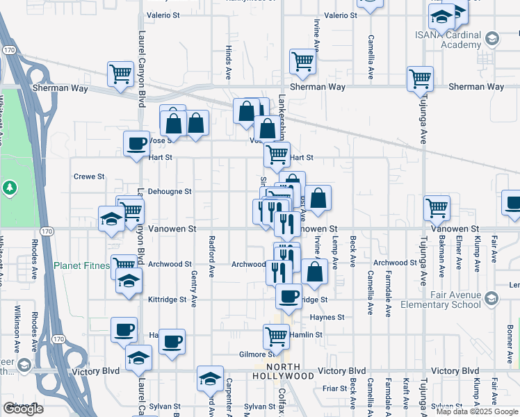 map of restaurants, bars, coffee shops, grocery stores, and more near 6847 Simpson Avenue in Los Angeles