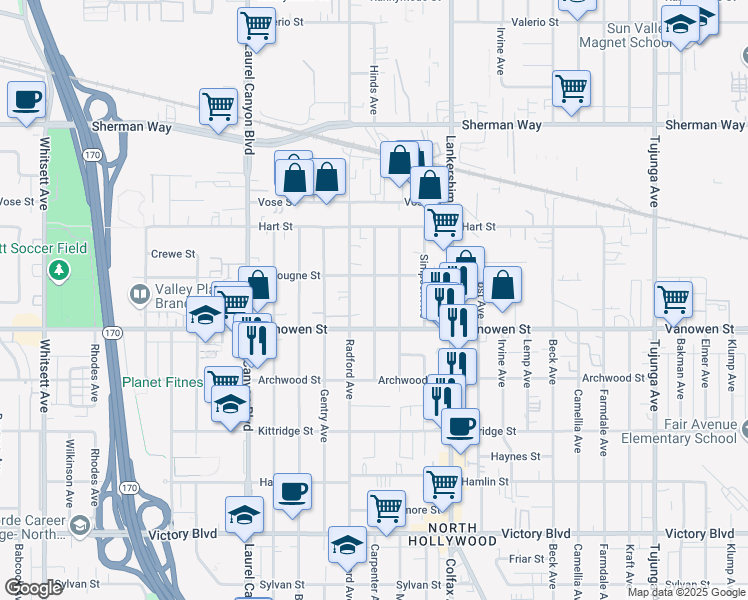 map of restaurants, bars, coffee shops, grocery stores, and more near Hinds Avenue in Los Angeles