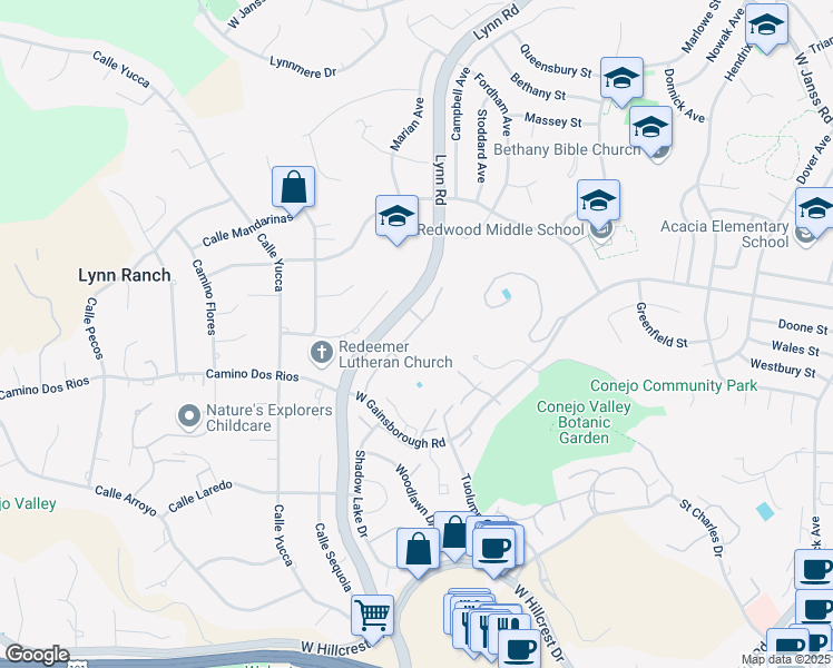 map of restaurants, bars, coffee shops, grocery stores, and more near 1202 Monte Sereno Drive in Thousand Oaks