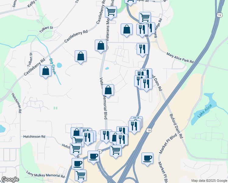 map of restaurants, bars, coffee shops, grocery stores, and more near 175 Basil Street in Cumming
