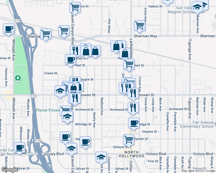 map of restaurants, bars, coffee shops, grocery stores, and more near 6833 Hinds Avenue in Los Angeles