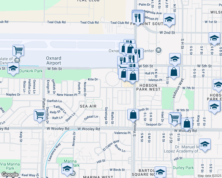 map of restaurants, bars, coffee shops, grocery stores, and more near 1800 West 7th Street in Oxnard