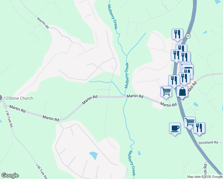 map of restaurants, bars, coffee shops, grocery stores, and more near 4632 Martins Crossing West Drive in Flowery Branch