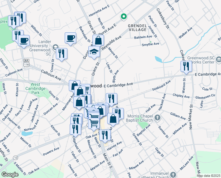 map of restaurants, bars, coffee shops, grocery stores, and more near 158 East Cambridge Avenue in Greenwood
