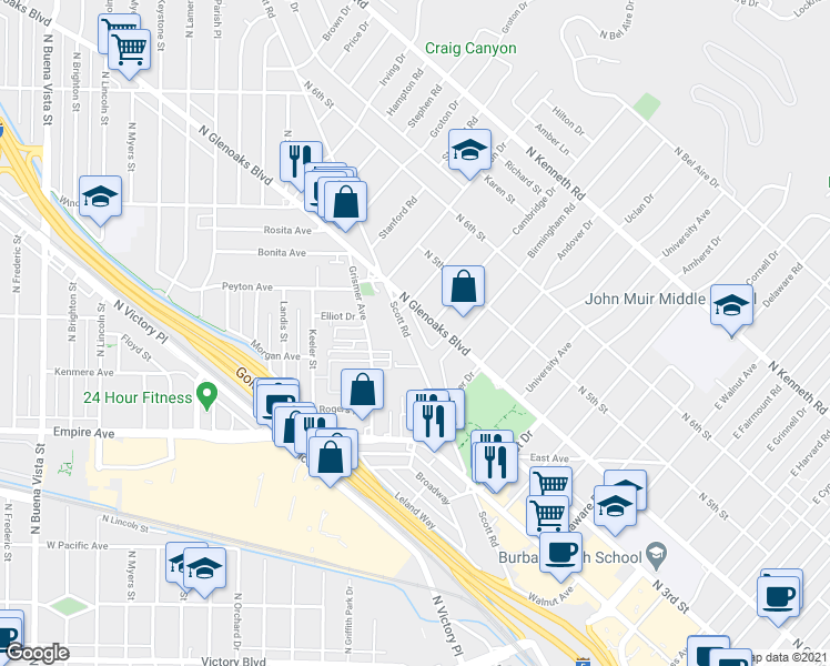 map of restaurants, bars, coffee shops, grocery stores, and more near 1811 North Glenoaks Boulevard in Burbank