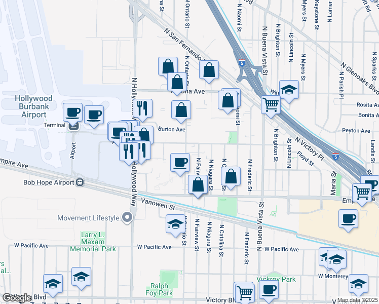 map of restaurants, bars, coffee shops, grocery stores, and more near 3030 Thornton Avenue in Burbank