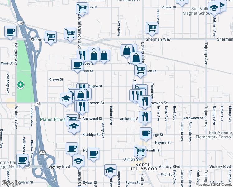map of restaurants, bars, coffee shops, grocery stores, and more near 6856 Radford Avenue in Los Angeles