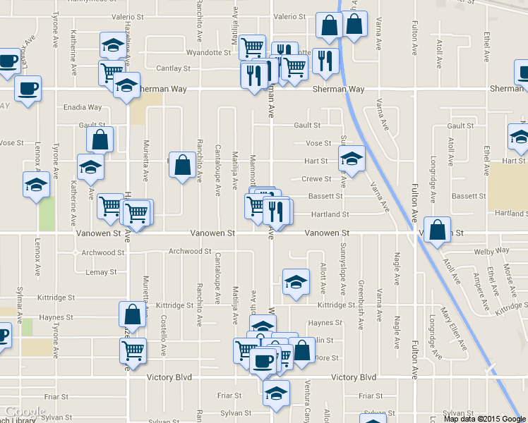 map of restaurants, bars, coffee shops, grocery stores, and more near 13654 Bassett Street in Los Angeles