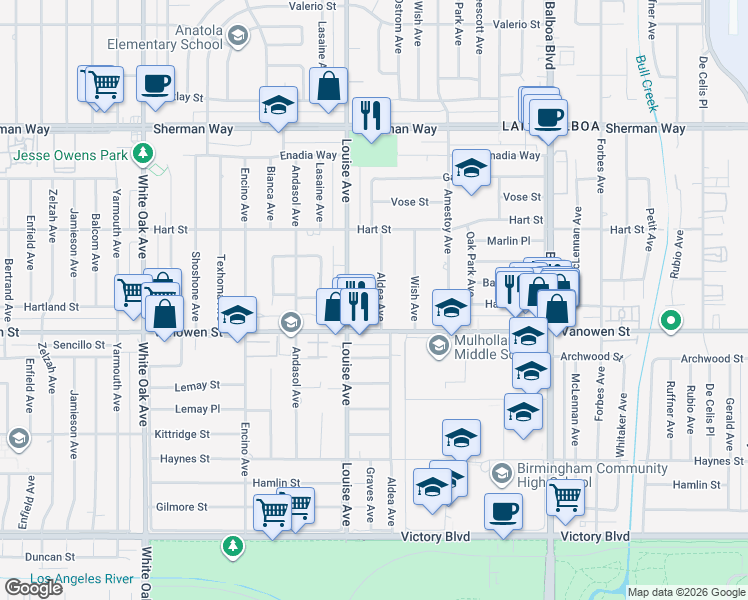 map of restaurants, bars, coffee shops, grocery stores, and more near 6855 Aldea Avenue in Los Angeles