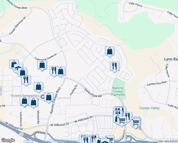 map of restaurants, bars, coffee shops, grocery stores, and more near 1711 Fox Springs Circle in Thousand Oaks