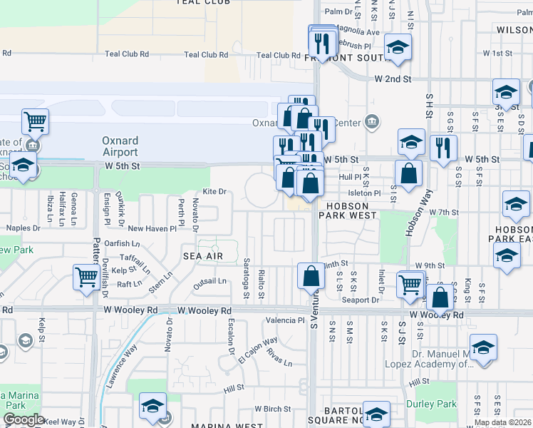 map of restaurants, bars, coffee shops, grocery stores, and more near 1600 West 5th Street in Oxnard