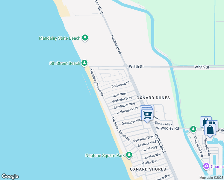 map of restaurants, bars, coffee shops, grocery stores, and more near 5346 Driftwood Street in Oxnard
