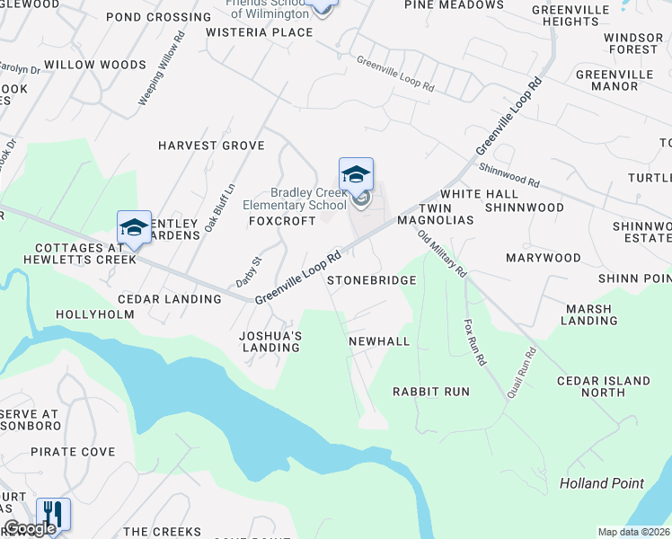 map of restaurants, bars, coffee shops, grocery stores, and more near 6100 Blenheim Pl in Wilmington