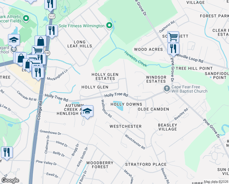 map of restaurants, bars, coffee shops, grocery stores, and more near 5049 Whitner Drive in Wilmington