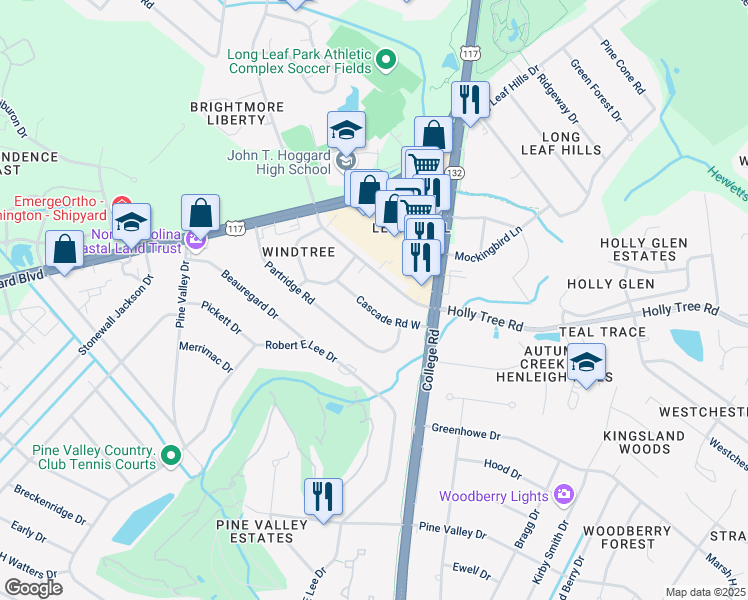 map of restaurants, bars, coffee shops, grocery stores, and more near 4514 Holly Tree Road in Wilmington