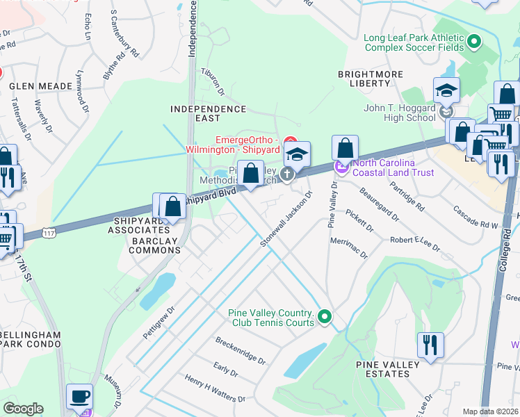 map of restaurants, bars, coffee shops, grocery stores, and more near 167 Longstreet Drive in Wilmington
