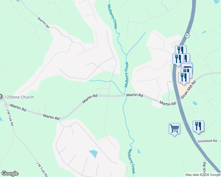 map of restaurants, bars, coffee shops, grocery stores, and more near 4632 Martins Crossing West Drive in Flowery Branch