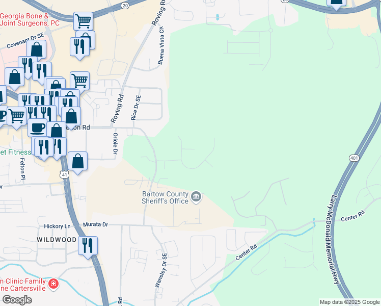 map of restaurants, bars, coffee shops, grocery stores, and more near 3 Hillstone Way in Cartersville