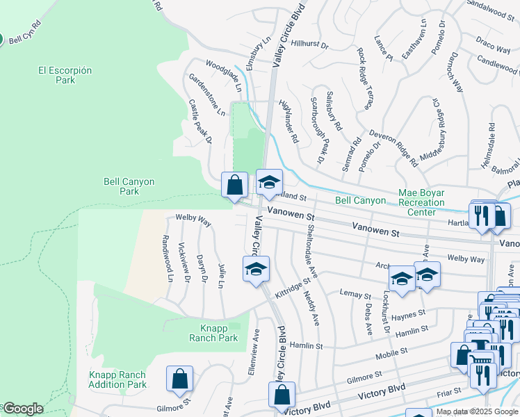 map of restaurants, bars, coffee shops, grocery stores, and more near Vanowen St & Valley Cir Blvd in Los Angeles