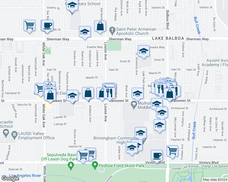 map of restaurants, bars, coffee shops, grocery stores, and more near 6855 Aldea Avenue in Los Angeles