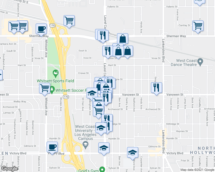 map of restaurants, bars, coffee shops, grocery stores, and more near 6828 Laurel Canyon Boulevard in Los Angeles
