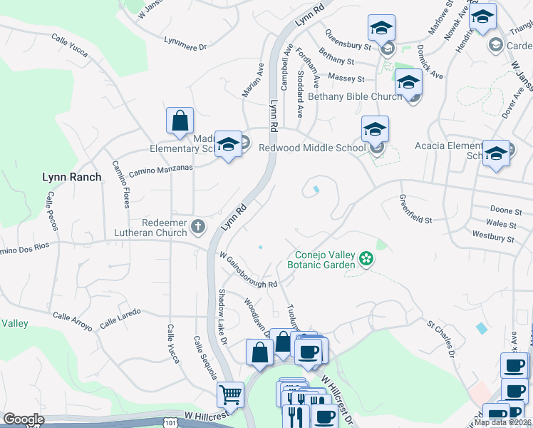 map of restaurants, bars, coffee shops, grocery stores, and more near 1218 Monte Sereno Drive in Thousand Oaks