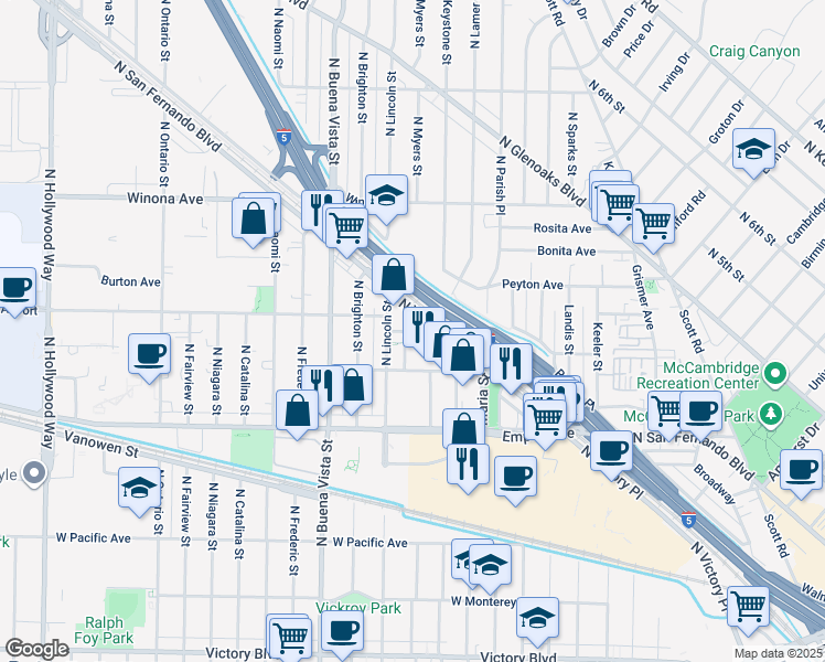 map of restaurants, bars, coffee shops, grocery stores, and more near 2152 North Lincoln Street in Burbank