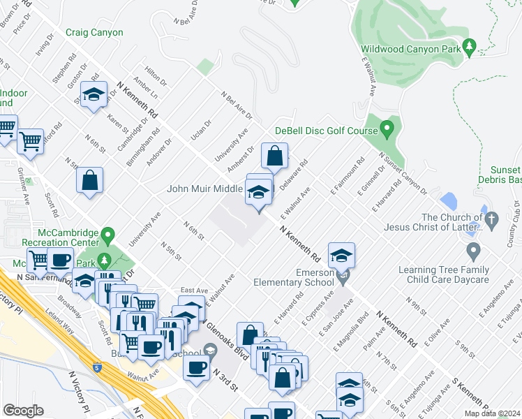map of restaurants, bars, coffee shops, grocery stores, and more near 813 Delaware Road in Burbank