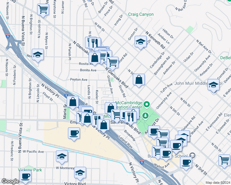 map of restaurants, bars, coffee shops, grocery stores, and more near 1814 Grismer Avenue in Burbank