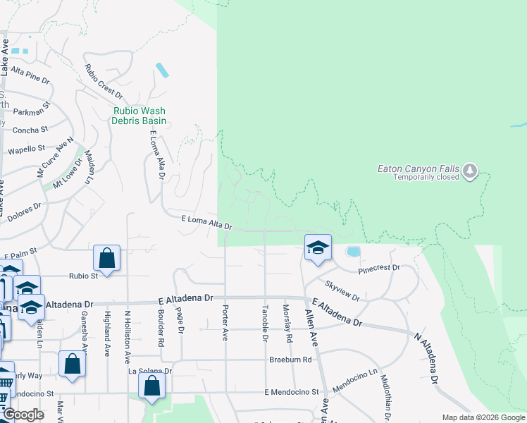 map of restaurants, bars, coffee shops, grocery stores, and more near 2861 Tanoble Drive in Altadena