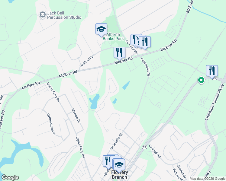 map of restaurants, bars, coffee shops, grocery stores, and more near 5575 McEver Road in Flowery Branch