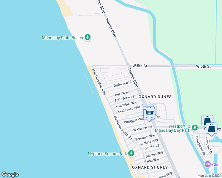 map of restaurants, bars, coffee shops, grocery stores, and more near 5444 Driftwood Street in Oxnard